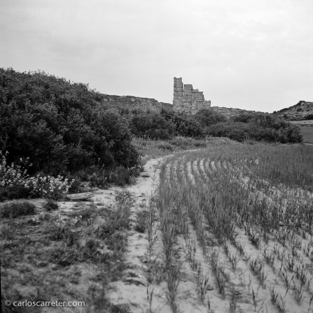 Acueducto romano del yacimiento arqueológico de Los Bañales. Fotografía tomada con la Yashica Mat 124G sobre negativo en blanco y negro cromogénico.