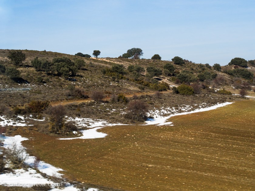 Por el camino, al atravesar la provincia de Soria, encuentro restos de la nevada de los últimos días; como iba distraído leyendo, me pierdo con la cámara los paisajes más vistosos.