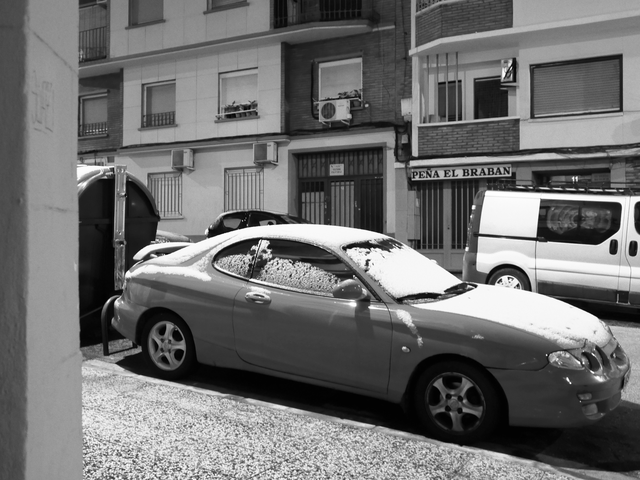 Día de frío y viento en Zaragoza... que se ha levantado con una fina capa de nieve en algunas superficies.