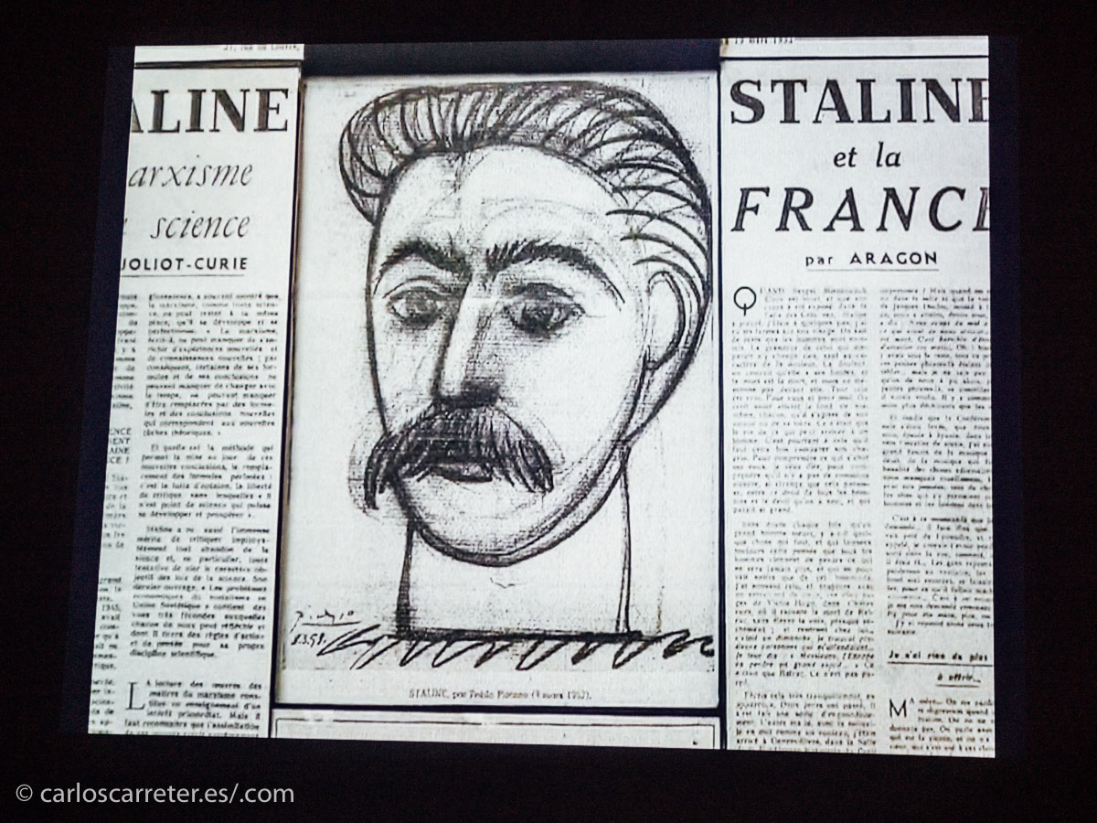 El caso es que allí me encontré con la proyección de una película de Lene Berg sobre "Stalin by Picasso (or Portrait of Woman with Moustache)", una rocambolesca historia sobre la salida del pintor del Partido Comunista Francés por el cabreo de estos ante el dibujo que mandó por la muerte del tirano al periódico de este partido. Surrealismo en estado puro.